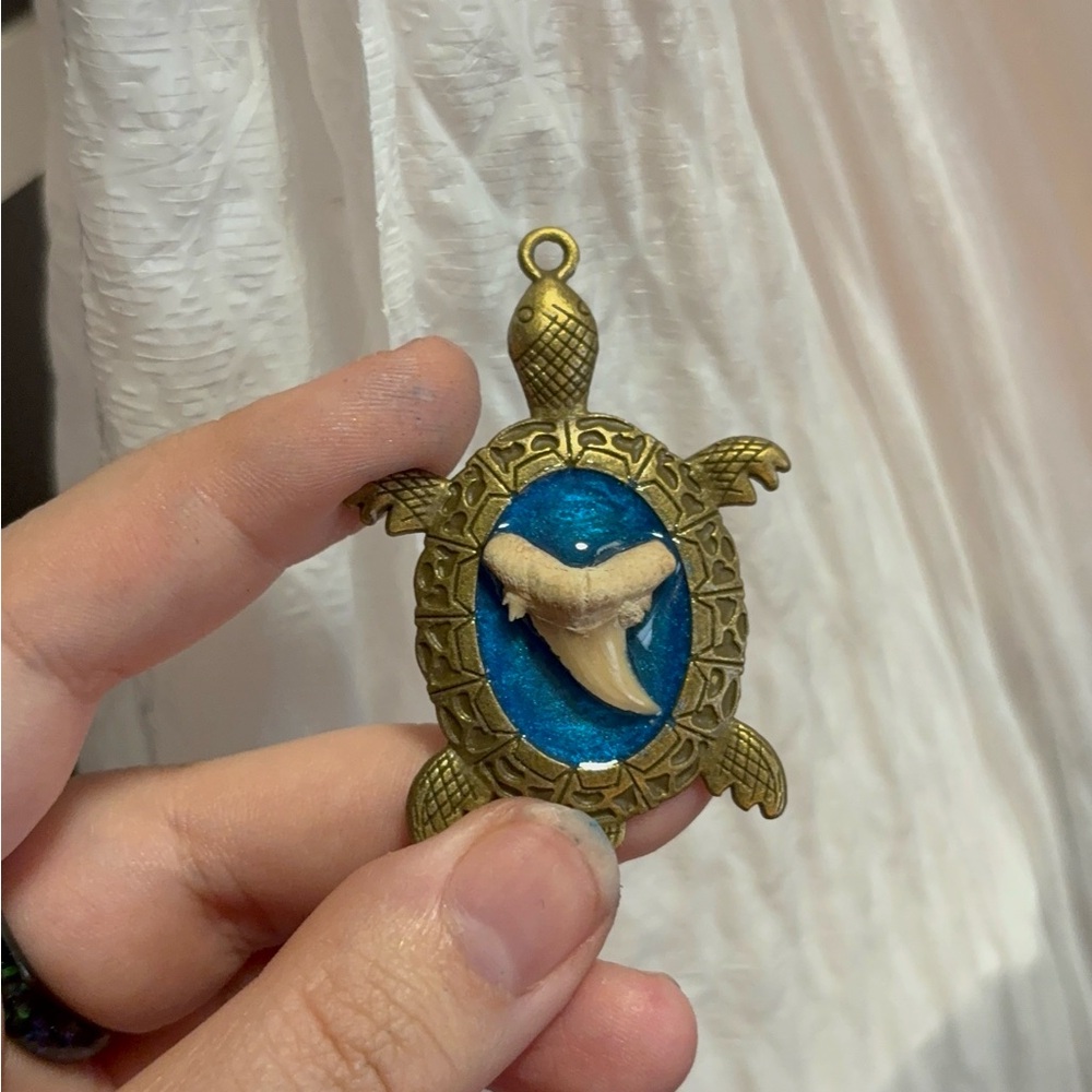 Bronze Turtle Pendant with Real Shark Tooth